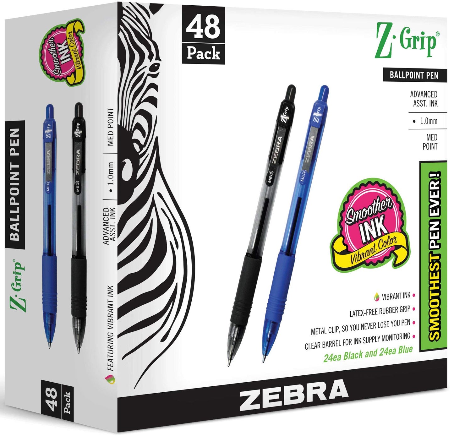 Zebra Pen Z-Grip Retractable Ballpoint Pen, Medium Point 1.0mm, 24 Black & 24 Blue Ink Pens, Bulk Pack of 48