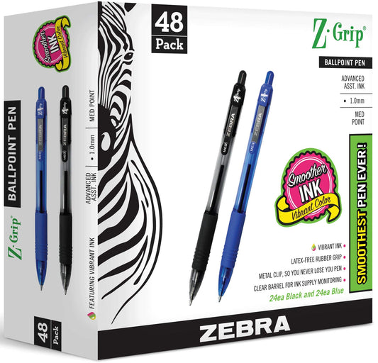 Zebra Pen Z-Grip Retractable Ballpoint Pen, Medium Point 1.0mm, 24 Black & 24 Blue Ink Pens, Bulk Pack of 48