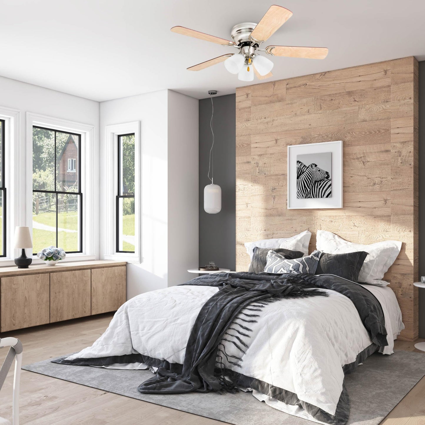 Prominence Home Whitley, 42 Inch Traditional Flush Mount Indoor LED Ceiling Fan with Light, Pull Chain, 5 Dual Finish Blades, Reversible Motor