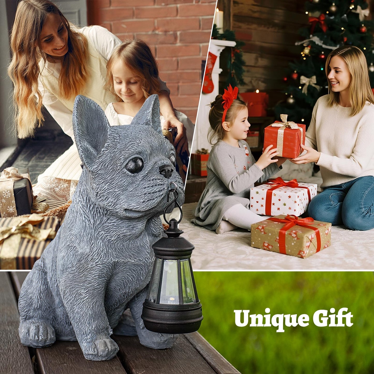 Qwifyu Solar Dog Outdoor Garden Statue with LED Light, Cute Bulldog Lawn Ornament for Patio Yard Balcony, Unique Housewarming Birthday Gift for Dog