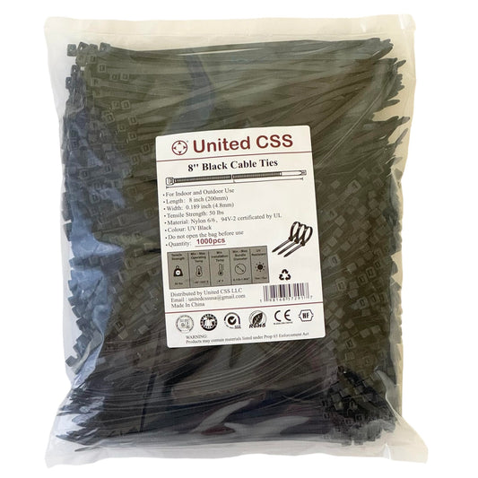 Cable Zip Ties 8 Inch Black, 1000 Pcs, 50 Lbs Tensile Strength, Self-locking UV Resistant Plastic Nylon Wire Ties, for Indoor and Outdoor Use,