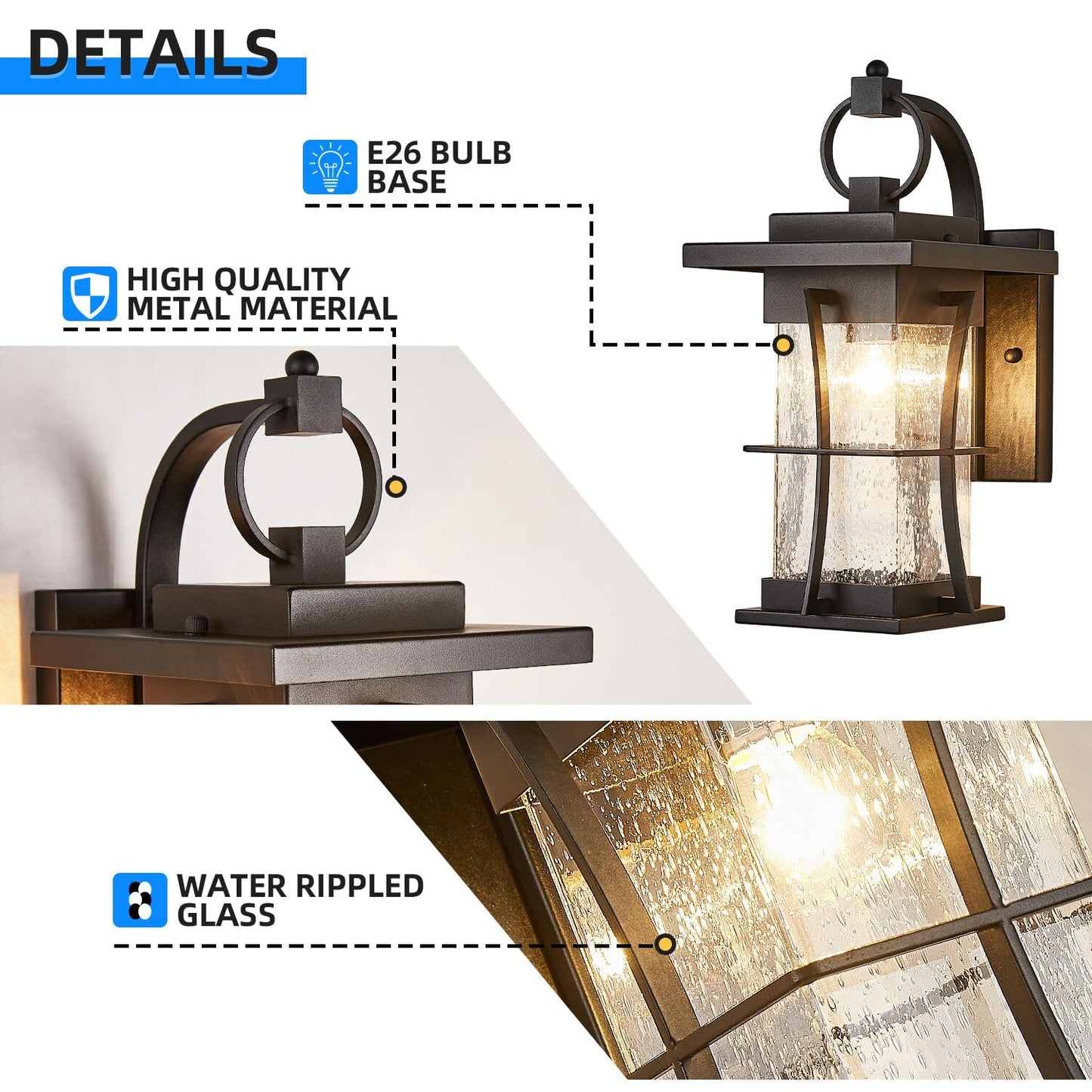 EERU Outdoor Wall Sconces Light Fixtures Exterior Wall Lantern Outside House Lamps Waterproof Black Metal with Clear Seeded Glass, Perfect