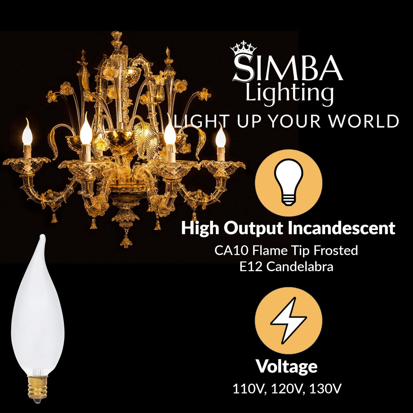 Simba Lighting Candelabra Flame Tip Frosted CA10 25W E12 Base 120V, 12 Pack
