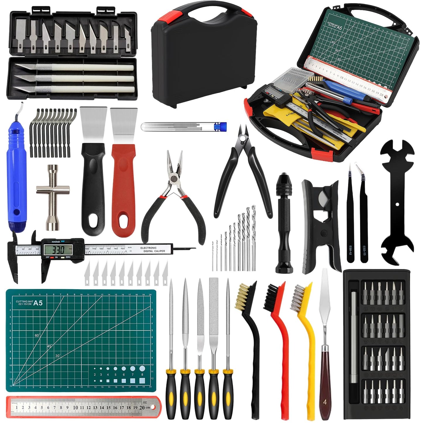 112 PCS 3D Printing Tool Kit, 3D Printer Accessories with Nozzle Cleaning Kit, Deburring Tool, Digital Caliper, Pliers, Wrench Set, Cutting Mat, Tool