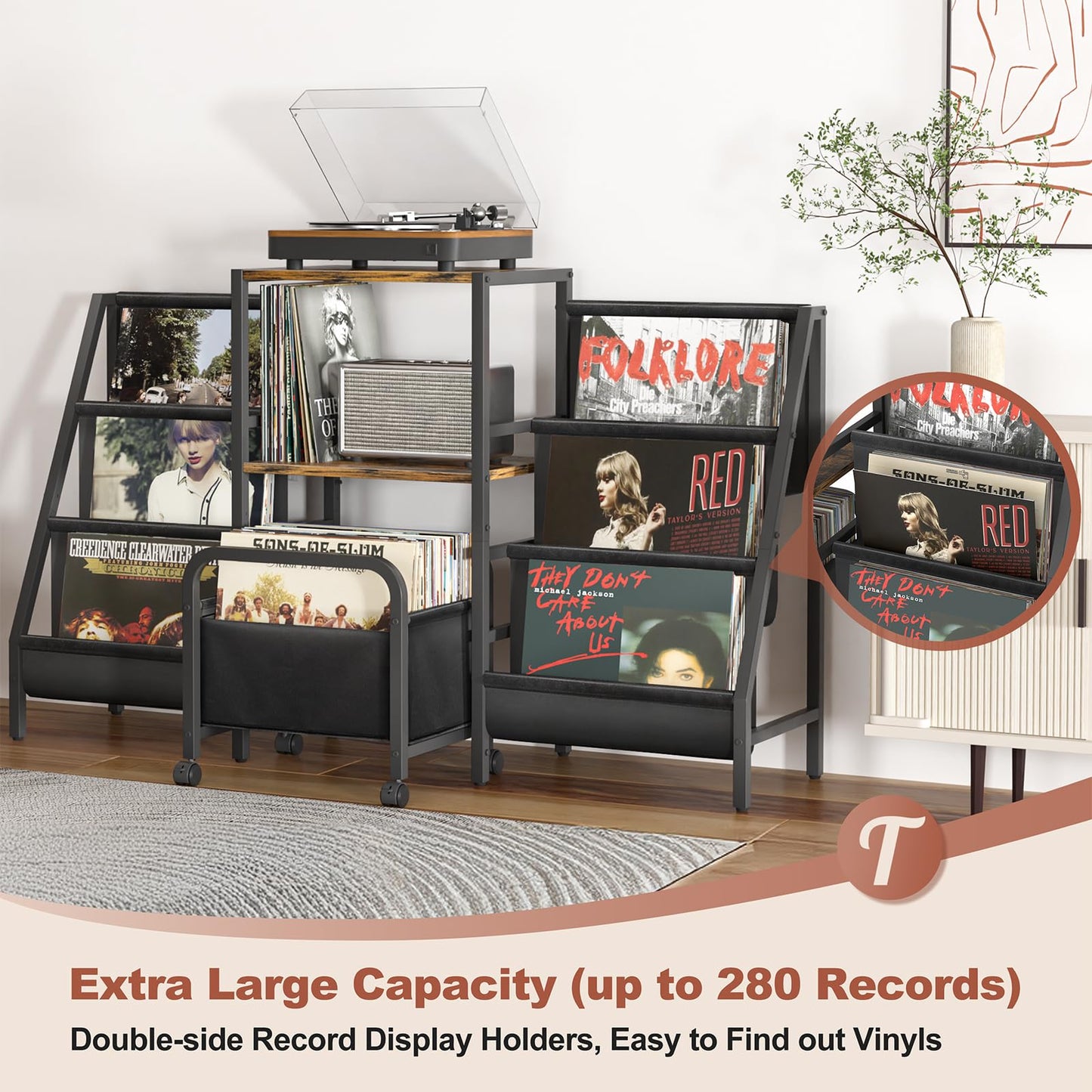 Tewinko Record Player Stand with Vinyl Storage Cart, Record Player Table with Record Storage 200 Albums, Turntable Stand with Record Holder Vinyl
