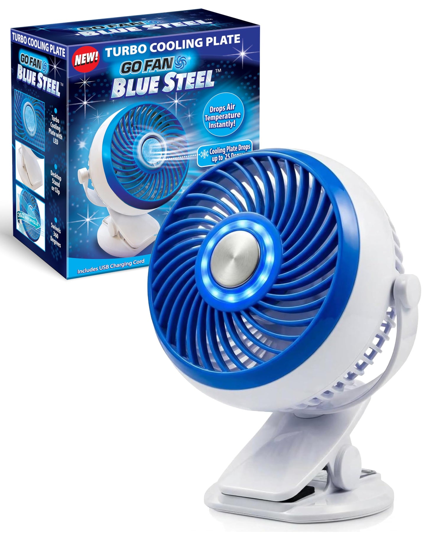 Spark Innovators Go Fan Blue Steel Portable Desk Fan with Cooling Plate