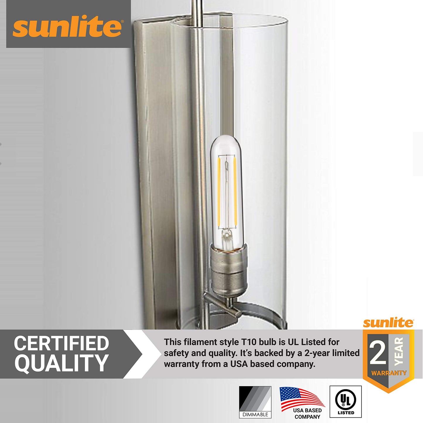 Sunlite 41148 LED Filament T10 Tubular Light Bulb, 2 Watts (25W Equivalent), 160 Lumens, E26 Base, Dimmable, 126mm, 6 Pack 2200K - Amber