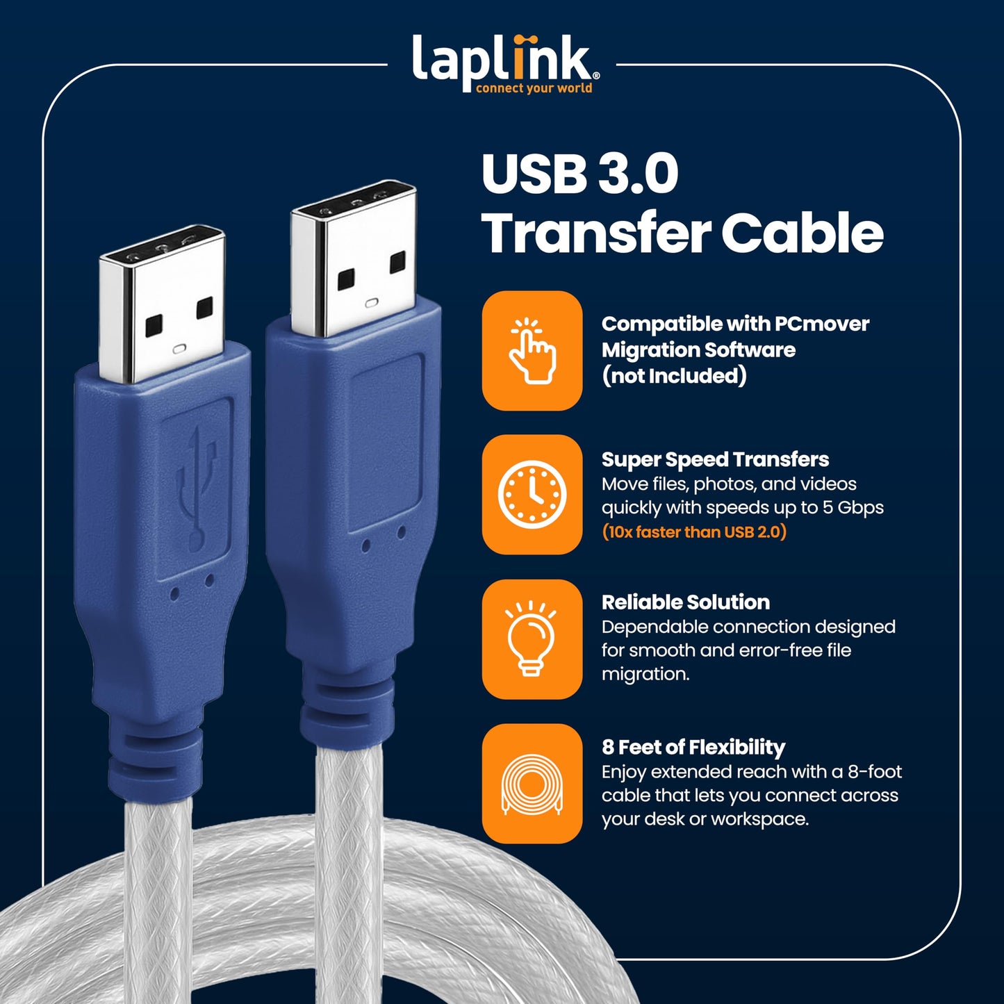 LAPLINK - USB 3.0 Super Speed Transfer Cable - USB Data Transfer Cable PC to PC - Compatible with PCmover Migration Software (not Included)
