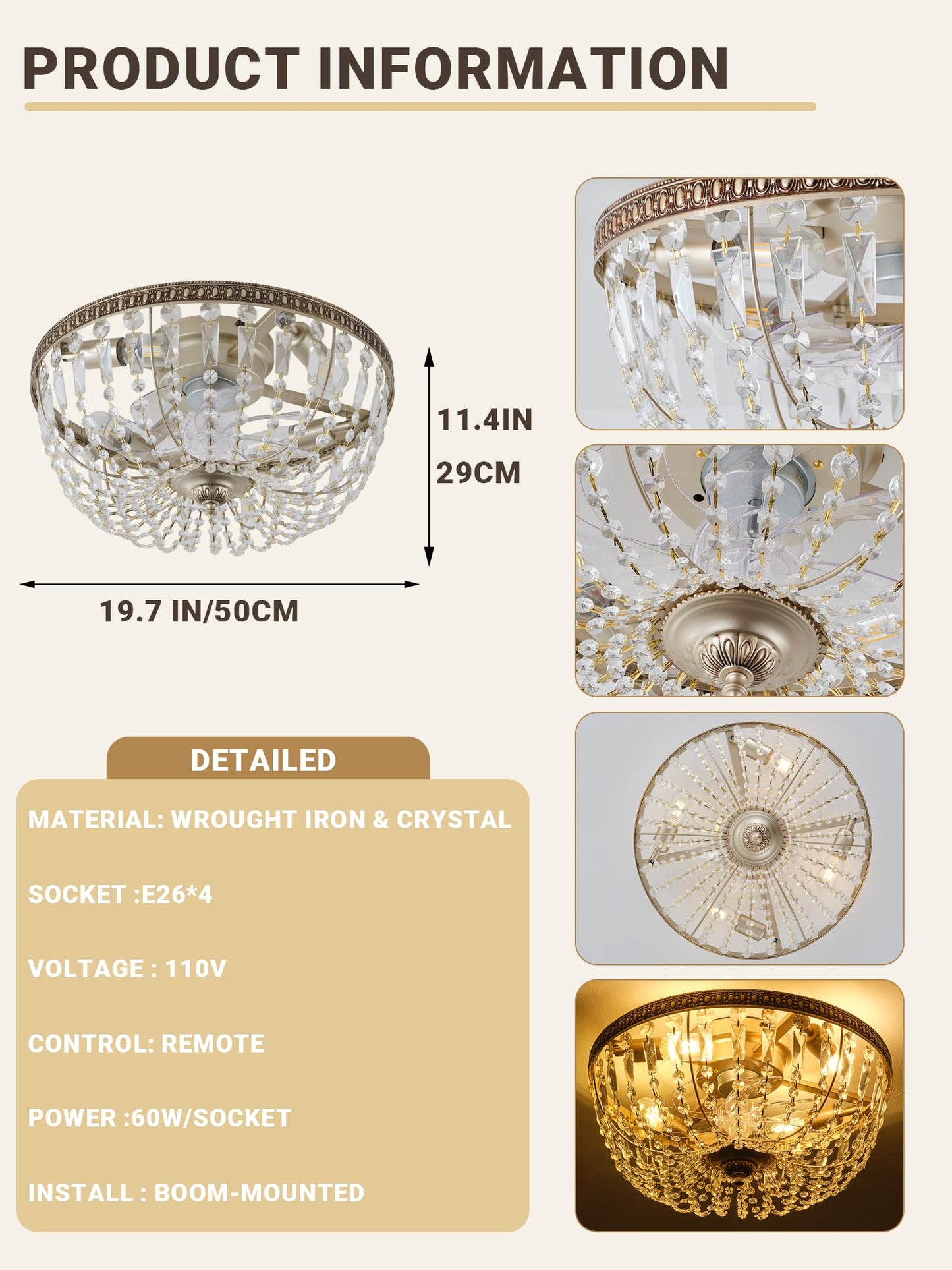 Thoxipn 20inch Gold Crystal Flush Mount Ceiling Fan With Lights Low Profile