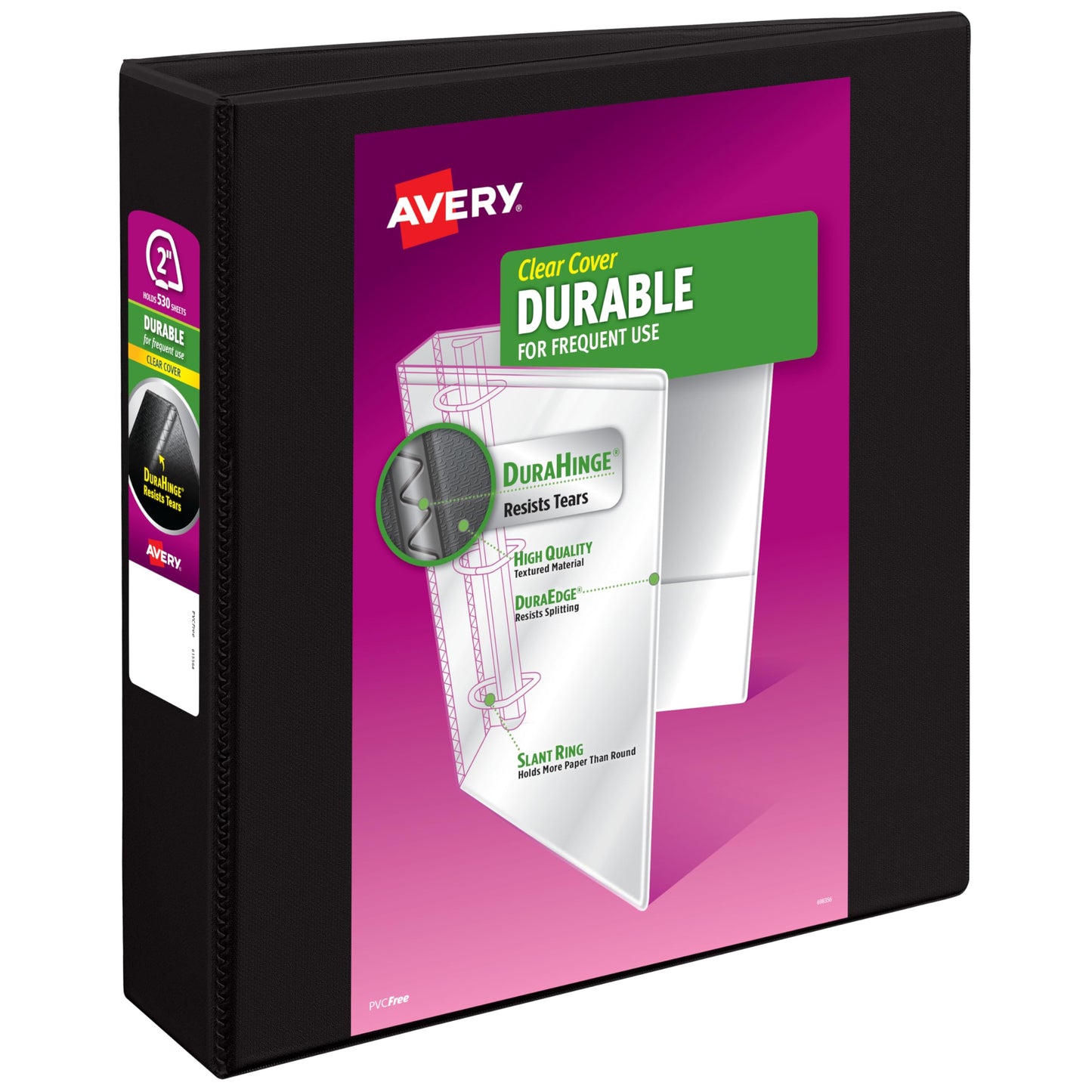 Avery Durable View 3 Ring Binder, 2 Inch Slant Rings, 530-Sheet Capacity, DuraHinge, 2.8 Inch Wide Spine, Customizable Clear Cover and Spine, 1 Black