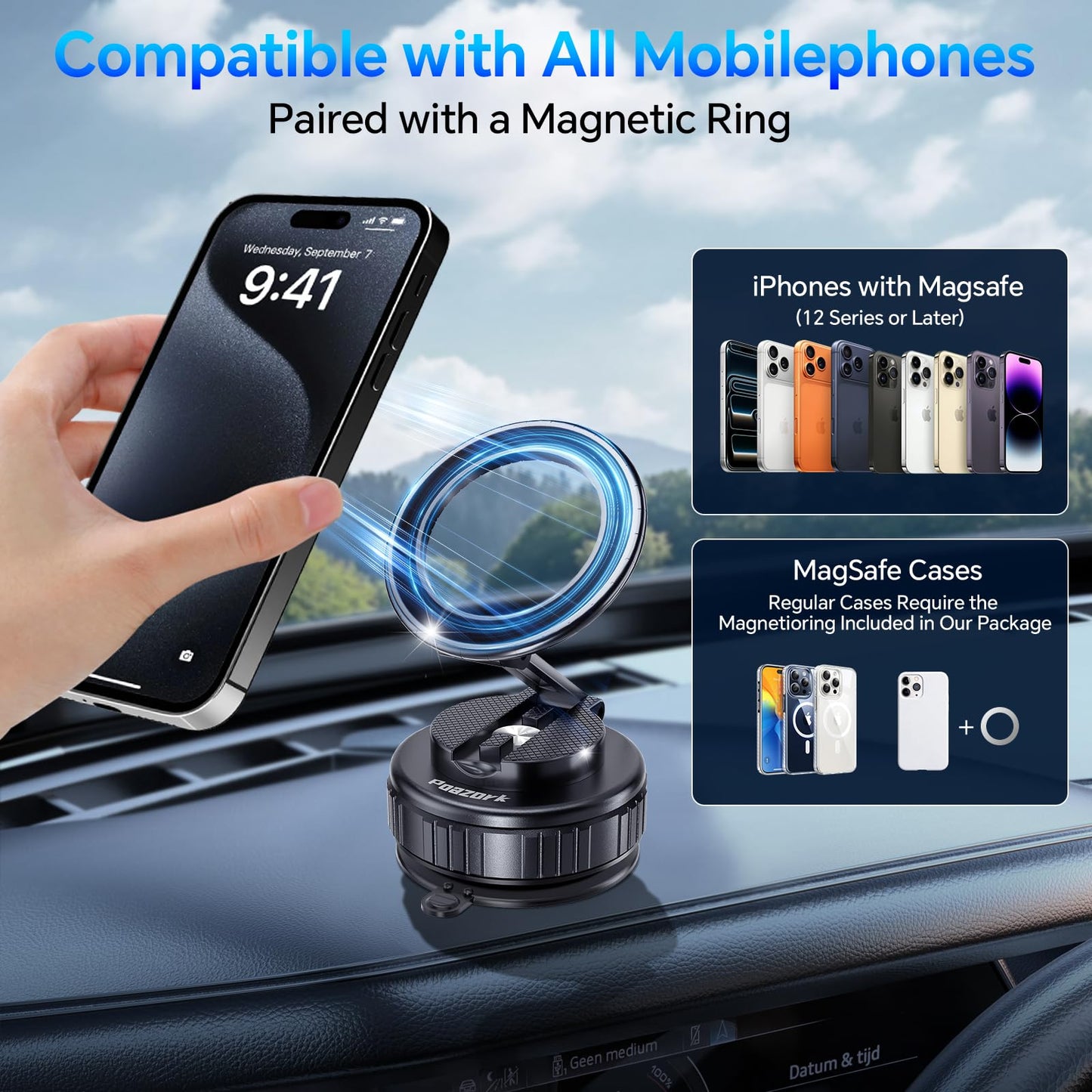 Poazork Car Phone Holder for Magsafe [78+LBS Strongest Suction & 2500gf Strongest Magnetic] 360° Adjustable Car Phone Mount.Portable Phone Holders