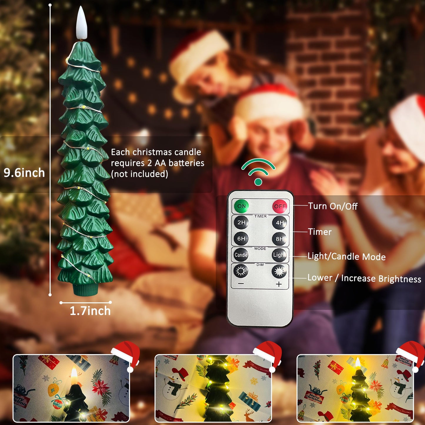 Qaeshi Christmas Tree Candles with Warm String Lights, LED Taper Candles with Remote Timer, Battery Operated Candle, 3D Flickering Christmas Flameless