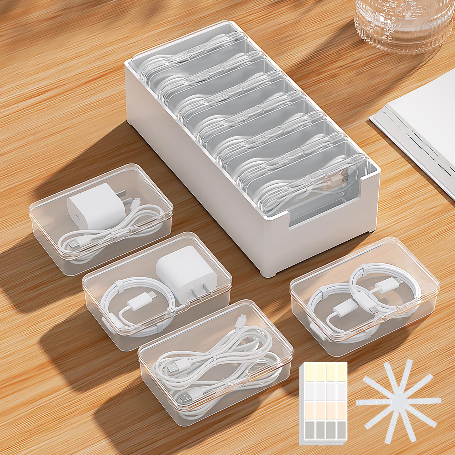 7 Case Cable Storage Box with Cable Straps and Label Stickers, Travel Cord Organizer for Charging Cables, USB Wires, Earphones - Drawer Organization