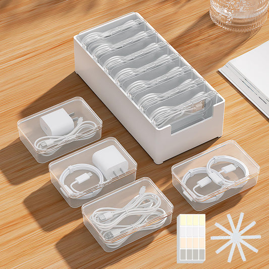 7 Case Cable Storage Box with Cable Straps and Label Stickers, Travel Cord Organizer for Charging Cables, USB Wires, Earphones - Drawer Organization