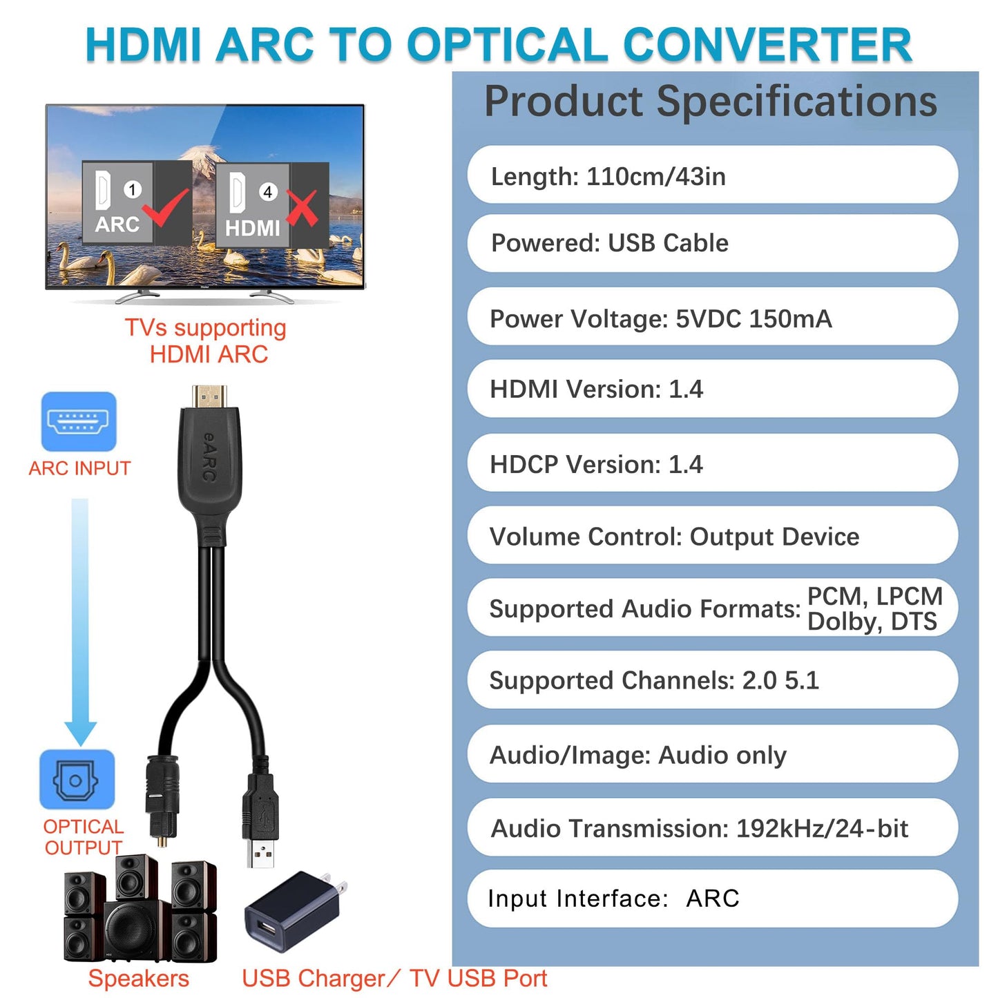 192KHz HDMI ARC to Optical Audio Converter for TV to Soundbar, Plug & Play 3.4ft/1.05m ARC to Optical Cable Audio Extractor Adapter Splitter for Sound