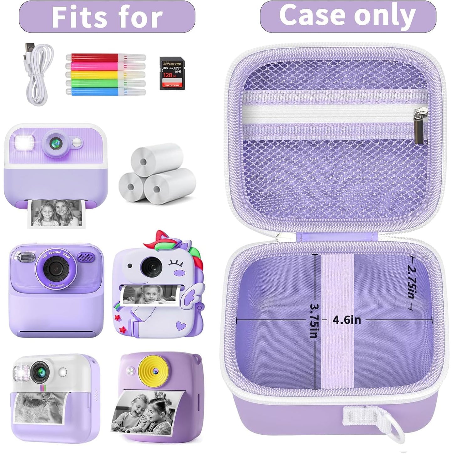 Kids Instant Print Camera Case for Cimizi, for Masterbee, for Dylanto, for BOFIDAR, Portable Storage Bag with Shoulder Strap, Mesh Pocket for Print