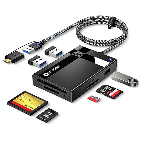 SD Card Reader 7 in 1, WARRKY [Dual Connector USB3.0/USB C, 2.5FT Nylon Cable] Memory Camera Card Adapter Hub for Micro SD/CF/MS/UHS-I, Fit for iPhone