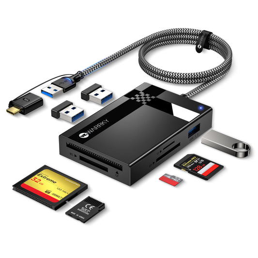 SD Card Reader 7 in 1, WARRKY [Dual Connector USB3.0/USB C, 2.5FT Nylon Cable] Memory Camera Card Adapter Hub for Micro SD/CF/MS/UHS-I, Fit for iPhone