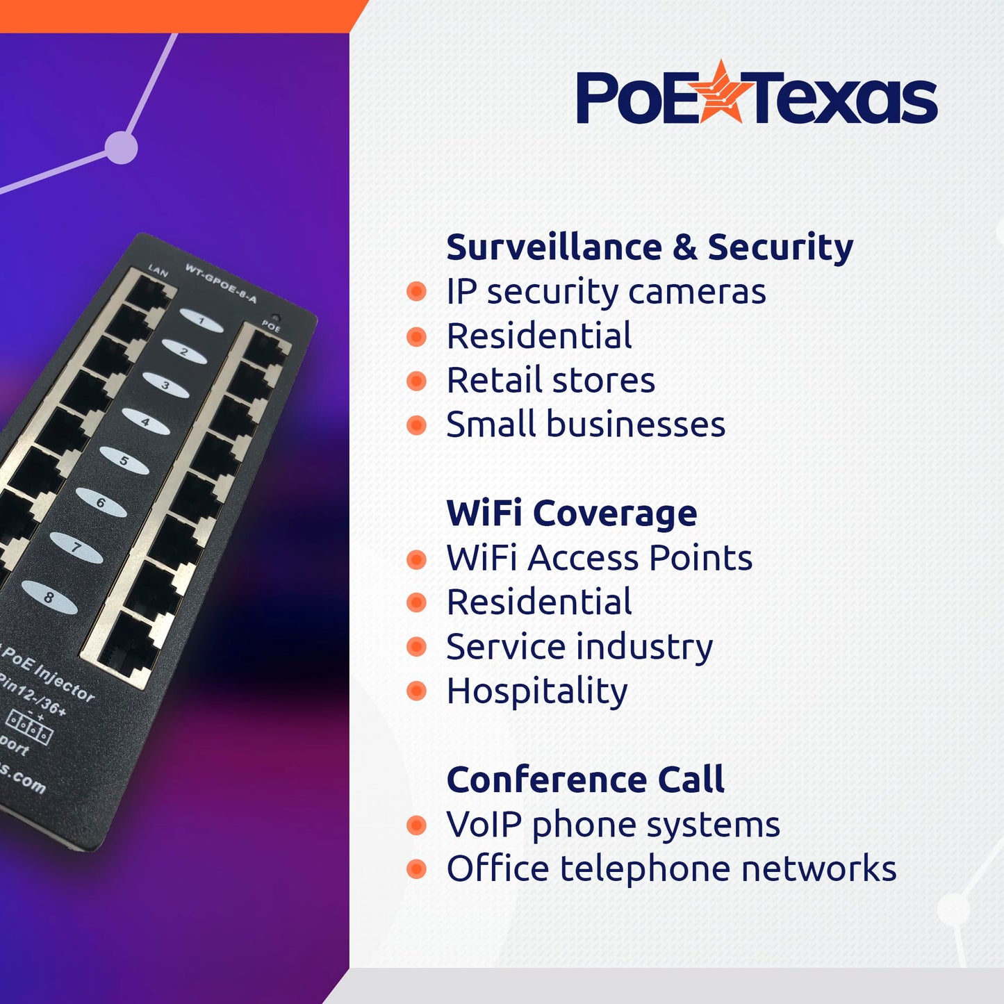 PoE Texas 8 Port PoE Injector - Gigabit Passive Power Over Ethernet Midspan - Front Wall Mount for Security Cameras, IP Phones, WiFi APs - Works
