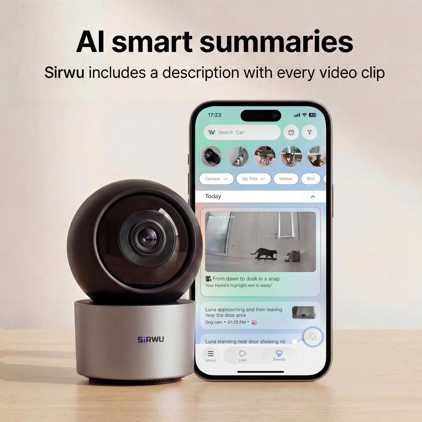 Sirwu AI Pet Camera Indoor with Phone App, Dog Camera with Speaker, Multi-Pet Recognition & AI Day Summary, 2K 3MP Cat Camera for Indoor, 360° Auto