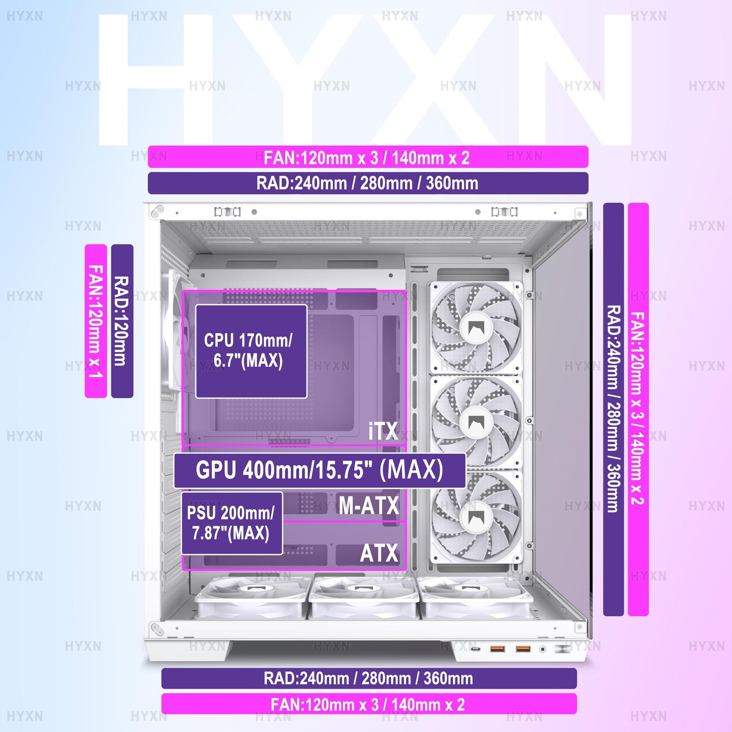 HYXN H1 HYXN ATX PC Case - Pre-Installed with 7 PWM ARGB Fans - Dual Cavity Mid-Tower PC Gaming Case - with Type-C - Can Hold up to 3X 360mm Radiator