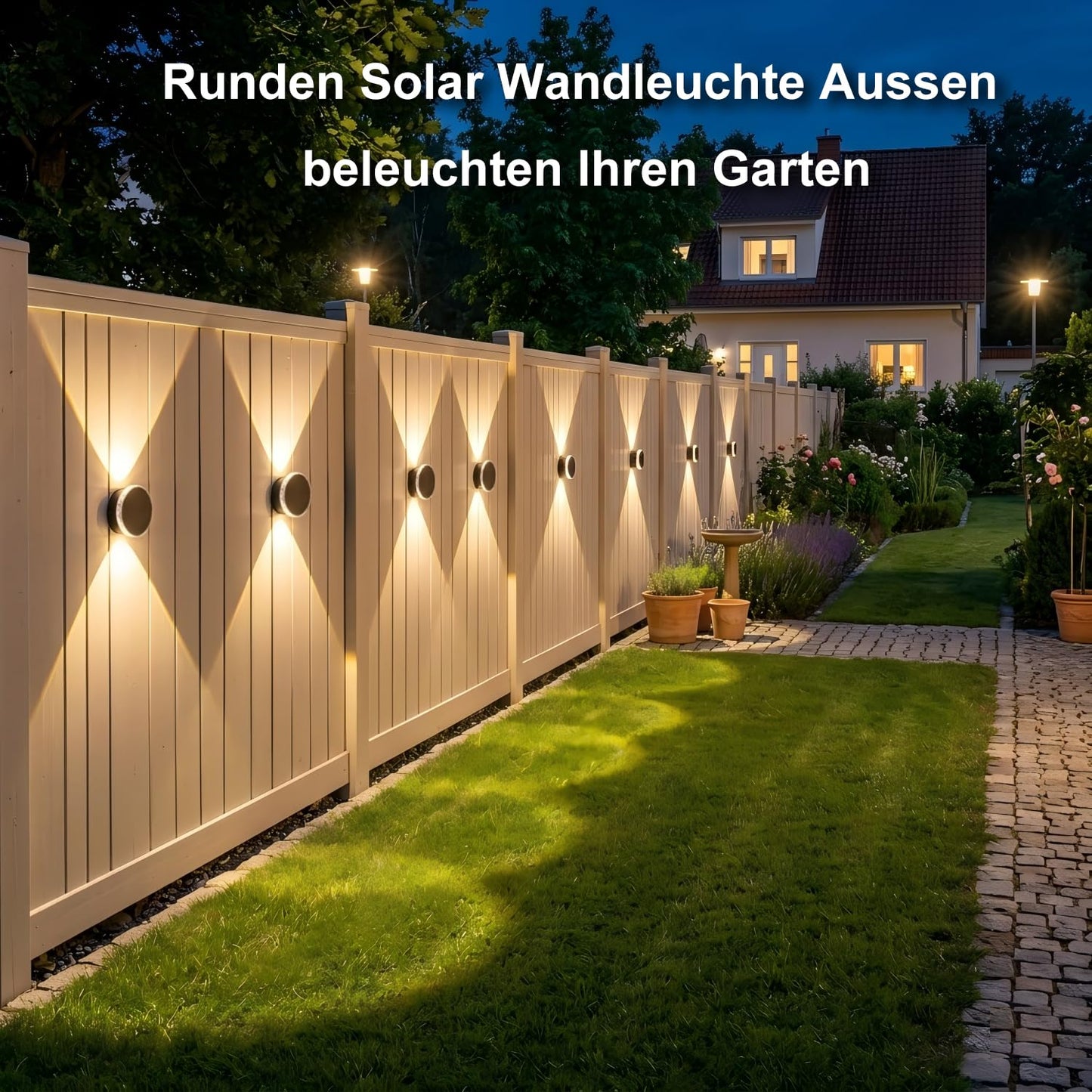 Ellasay Fence Solar Lights: 360° Circular Lighting Solar Powered Wall Lights 12 Hours Long Runtime Up and Down Waterproof IP65 & 3 Modes High