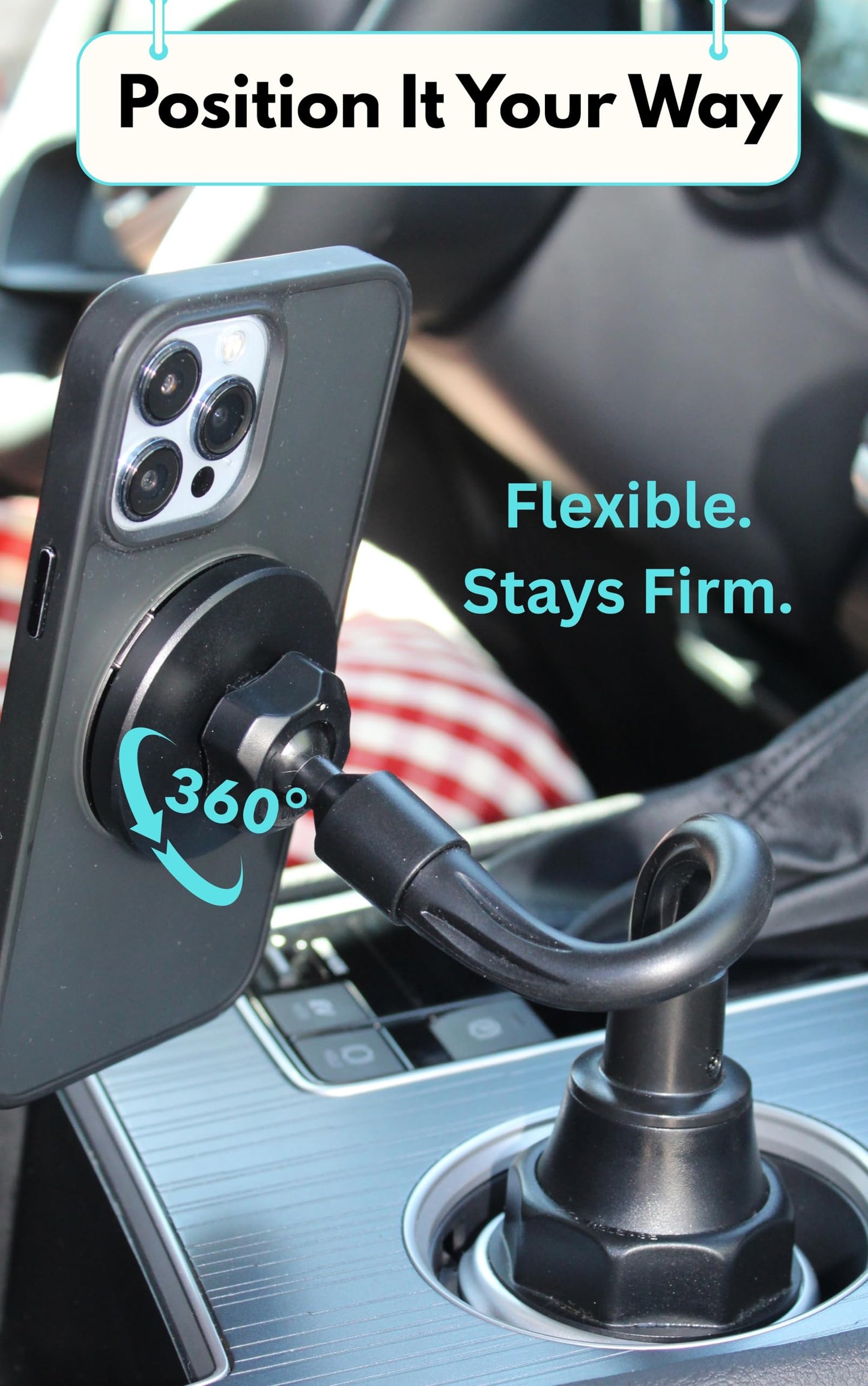 Cup Holder Phone Mount for Car, Magnetic - Designed for MagSafe, Secure Magnetic Hold, Stable Expandable Base, Flexible Reinforced Gooseneck