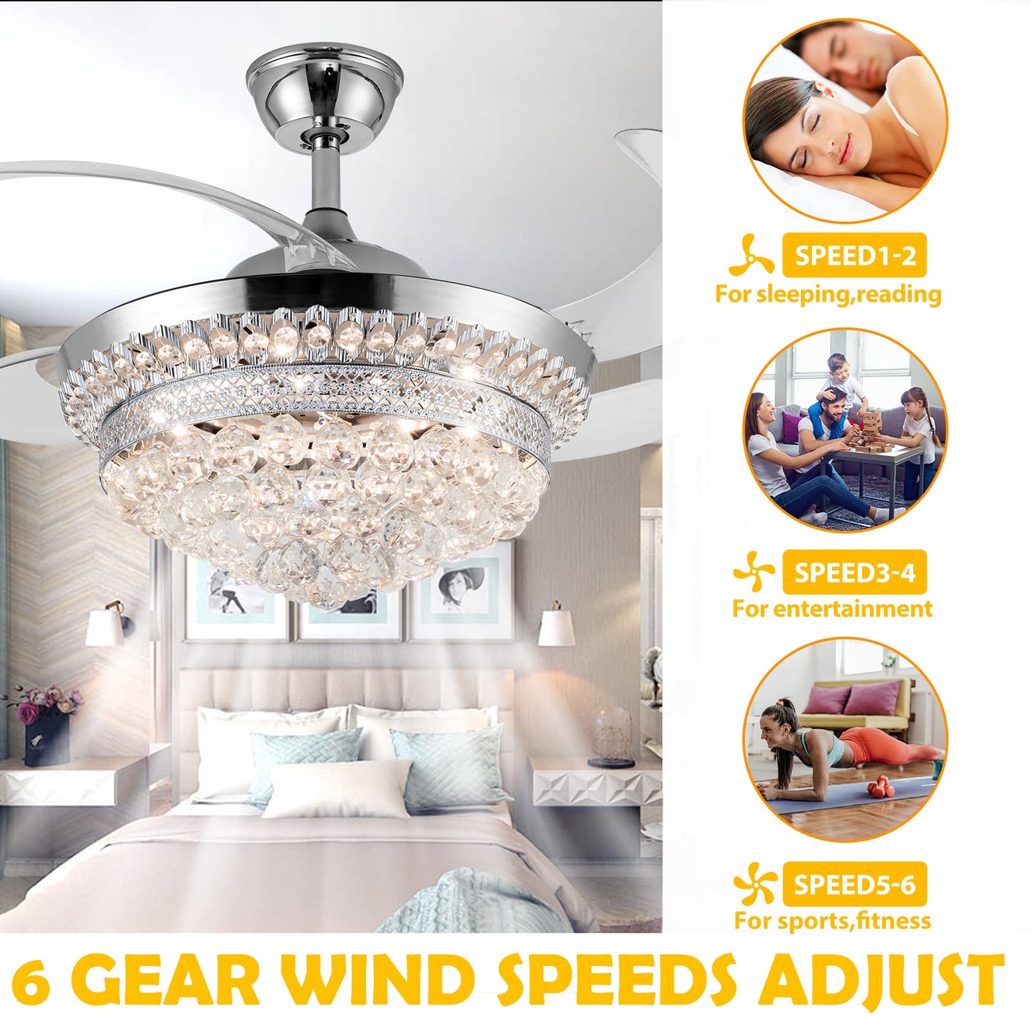 Panghuhu88 42" Invisible Ceiling Fan Chandelier with Light,Modern Crystal Ceiling Fan Light Remote Control 4 Retractable ABS Blades for Bedroom Living