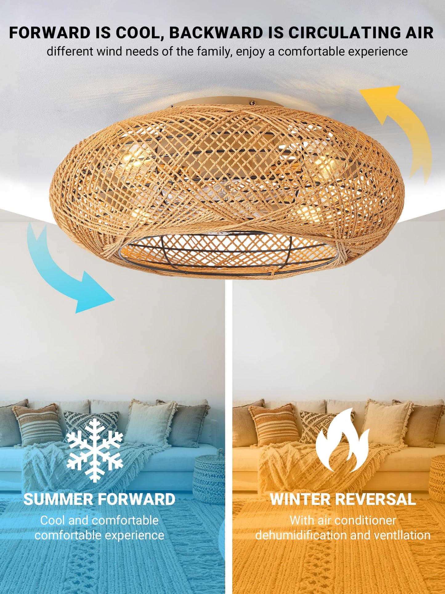 jorbeca 20" Boho Caged Fandelier Ceiling Fans with Lights Low Profile Brown