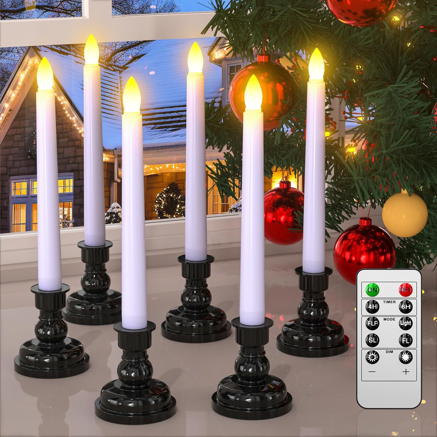 PChero LED Taper Candles with Remote Timers, 6 Pack Flameless Battery Operated Flickering Window Candles with Candlestick Holders for Thanksgiving