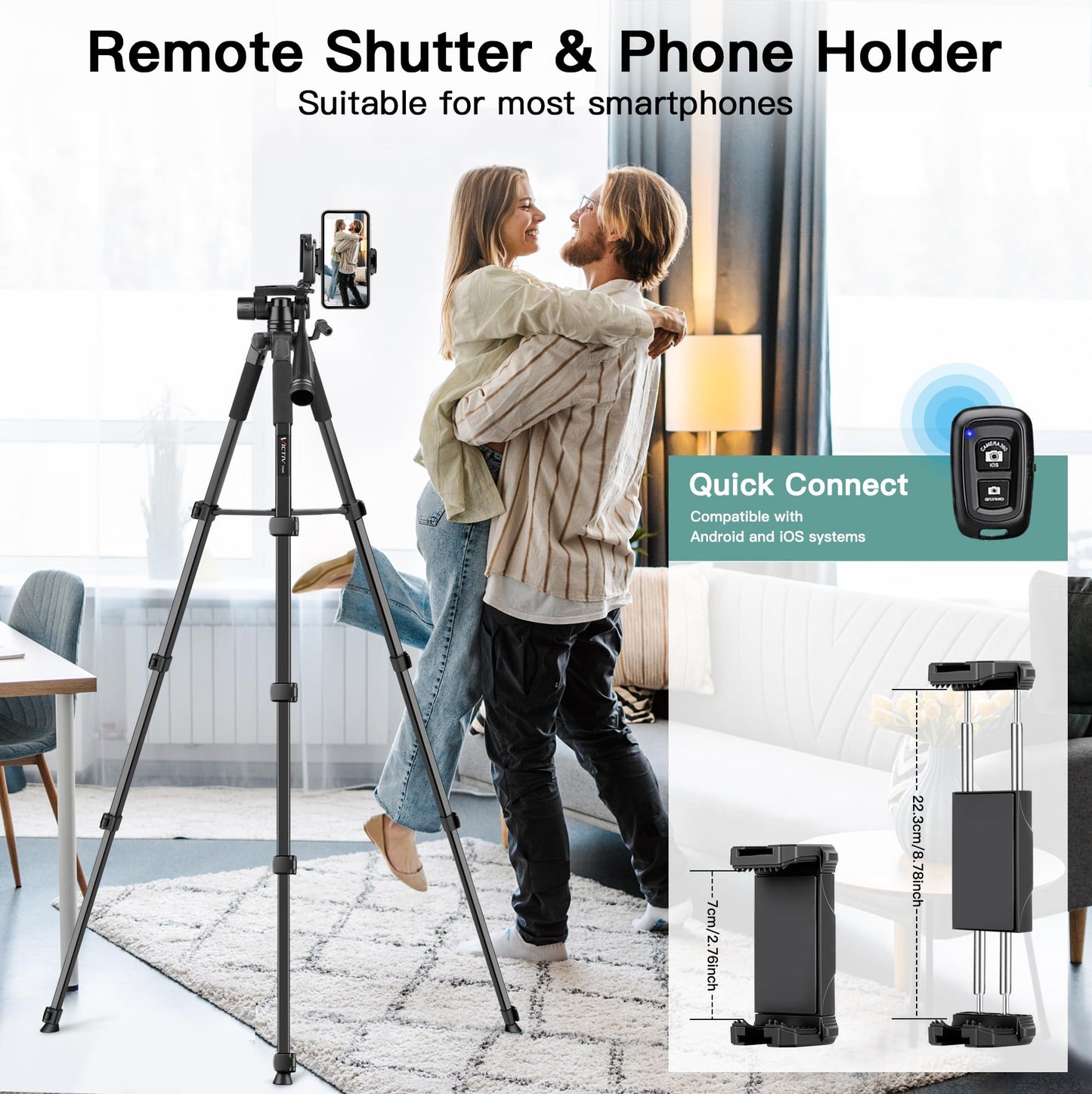 Camera Tripod Stand, 68" Phone Tripod for Tablet with Remote and Holder, Lightweight and Compact Travel Tripod for Canon Sony Camera, Compatible