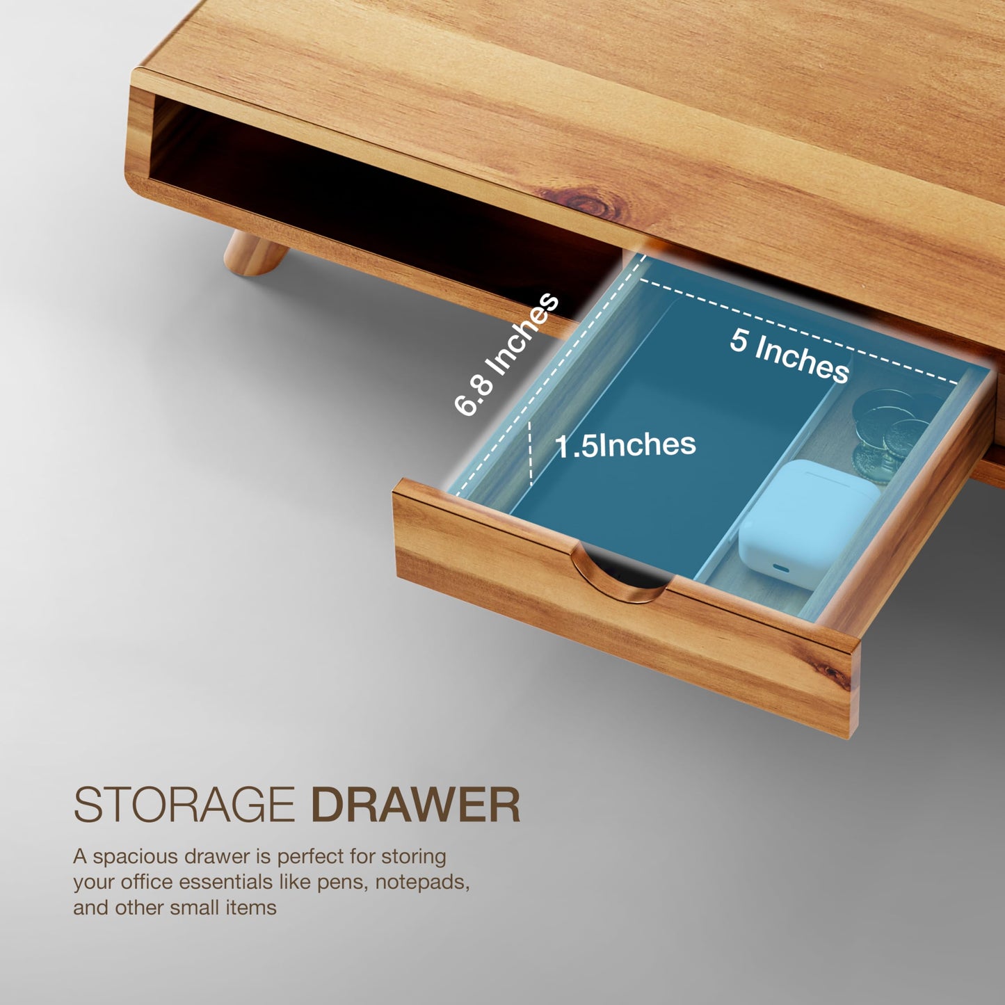 TINAMO Acacia Wood Monitor Stand with Drawer - Wooden Monitor Riser for Desk - Computer Monitor Stand for Desk - Multi-Purpose Desktop Storage Stand