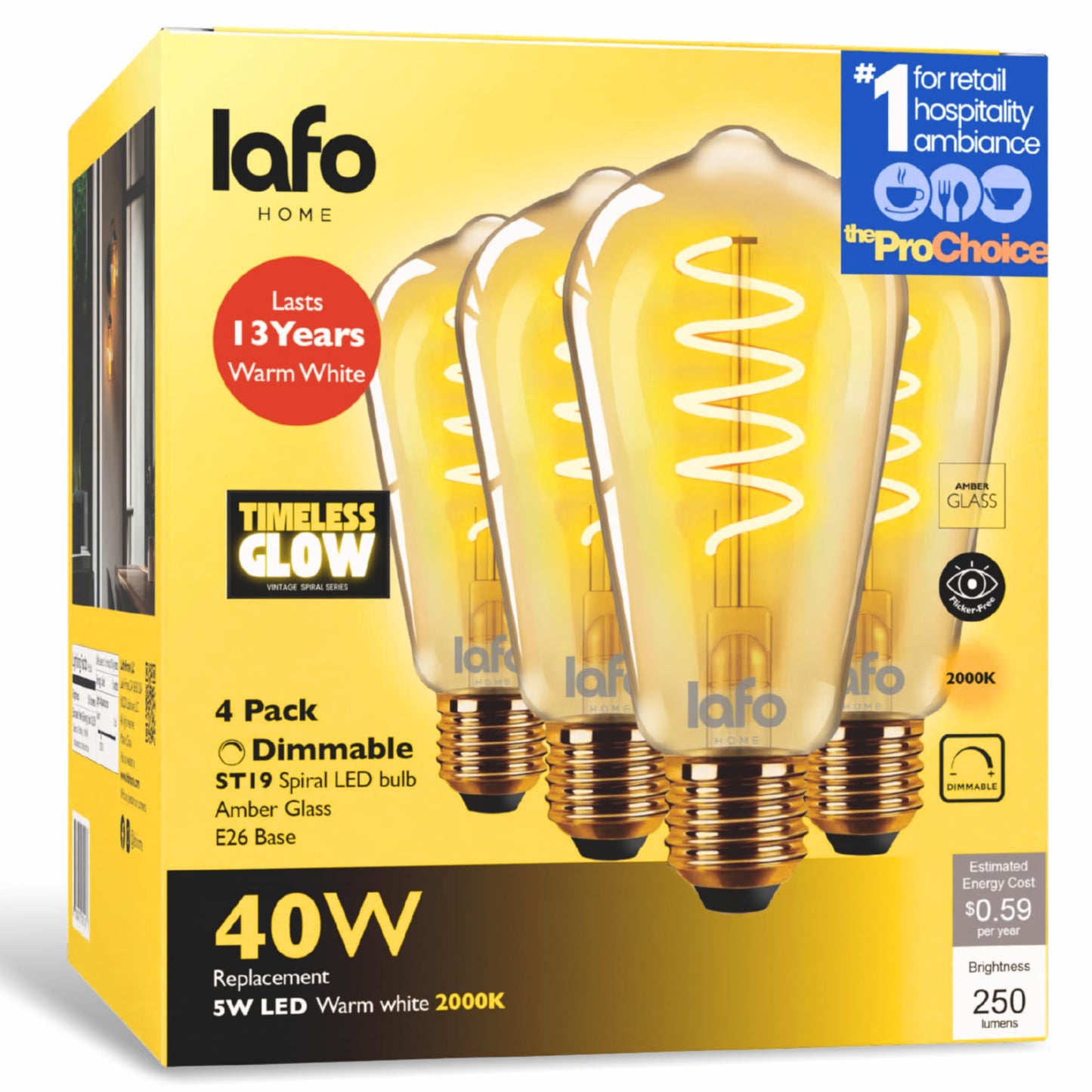 LafoHome TimelessGlow 4 Pack Dimmable ST19 ST64 LED Edison Bulbs 5W 40W Equivalent Warm Amber 2000K E26 Base CRI80 Amber Glass Spiral Filament ETL FCC