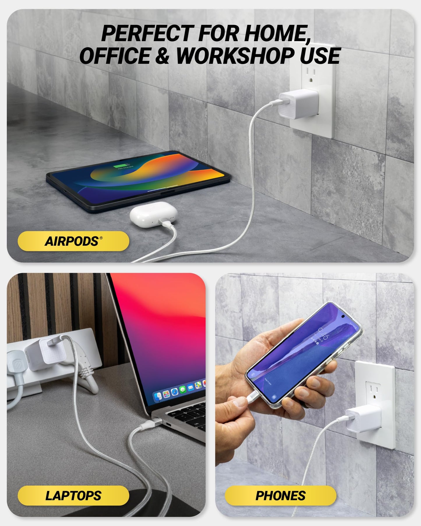 Scosche 30W USB C Charger Block and Braided 8ft USB-C Charging Cable, Fast Charging Type C Wall Charger Compatible with Apple iPhone Air, iPhone