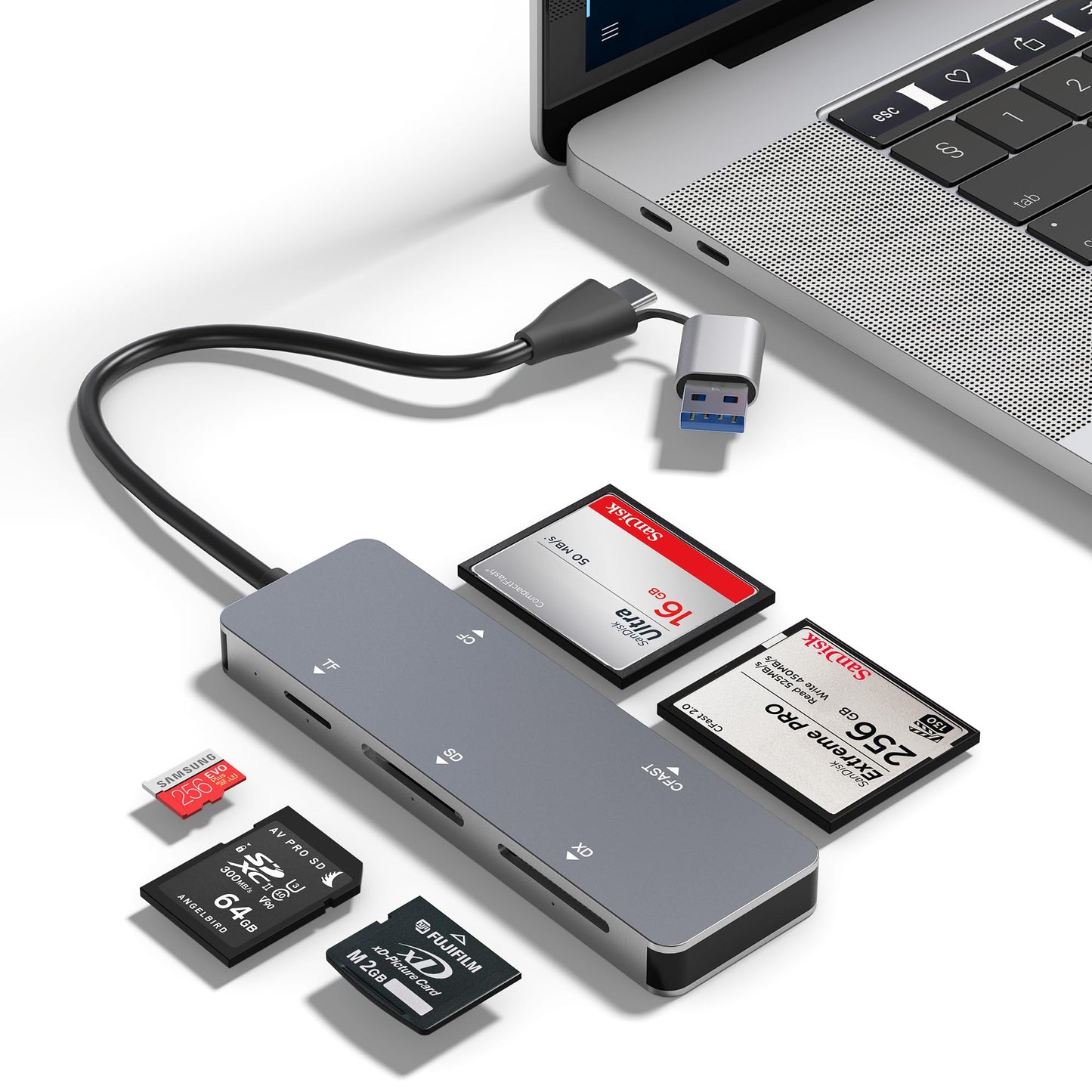 CFast Card Reader, 5-in-1 USB C/A Card Reader for Computer & Camera with Dedicated CFast 2.0 Slot, 5Gbps SD/TF/XD/CF Memory Card Reader, XD Card