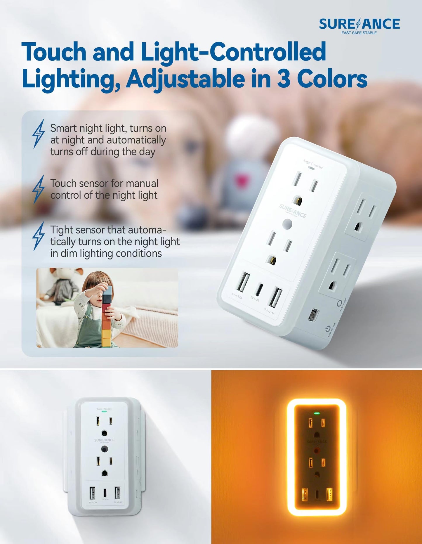 Multi Plug Wall Outlet, SUREANCE 6-Outlet Extender with Night Light, 3 USB Ports, 3-Sided Power Strip with Adapter Spaced Outlets,1050J Wall Charger