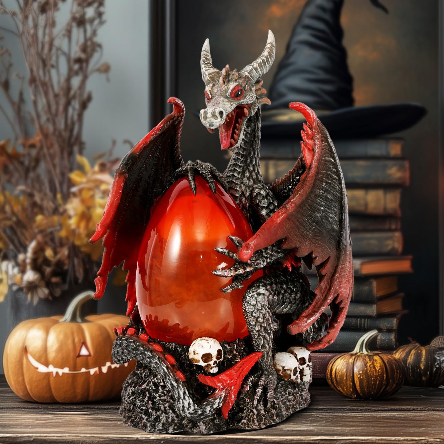 Fire Dragon Glitter Globe Statue, 11.75 Inch Dragon Egg Night Light with Skull Base, 6 Hours Timer, Battery Operated Horror Decor for Home, Halloween