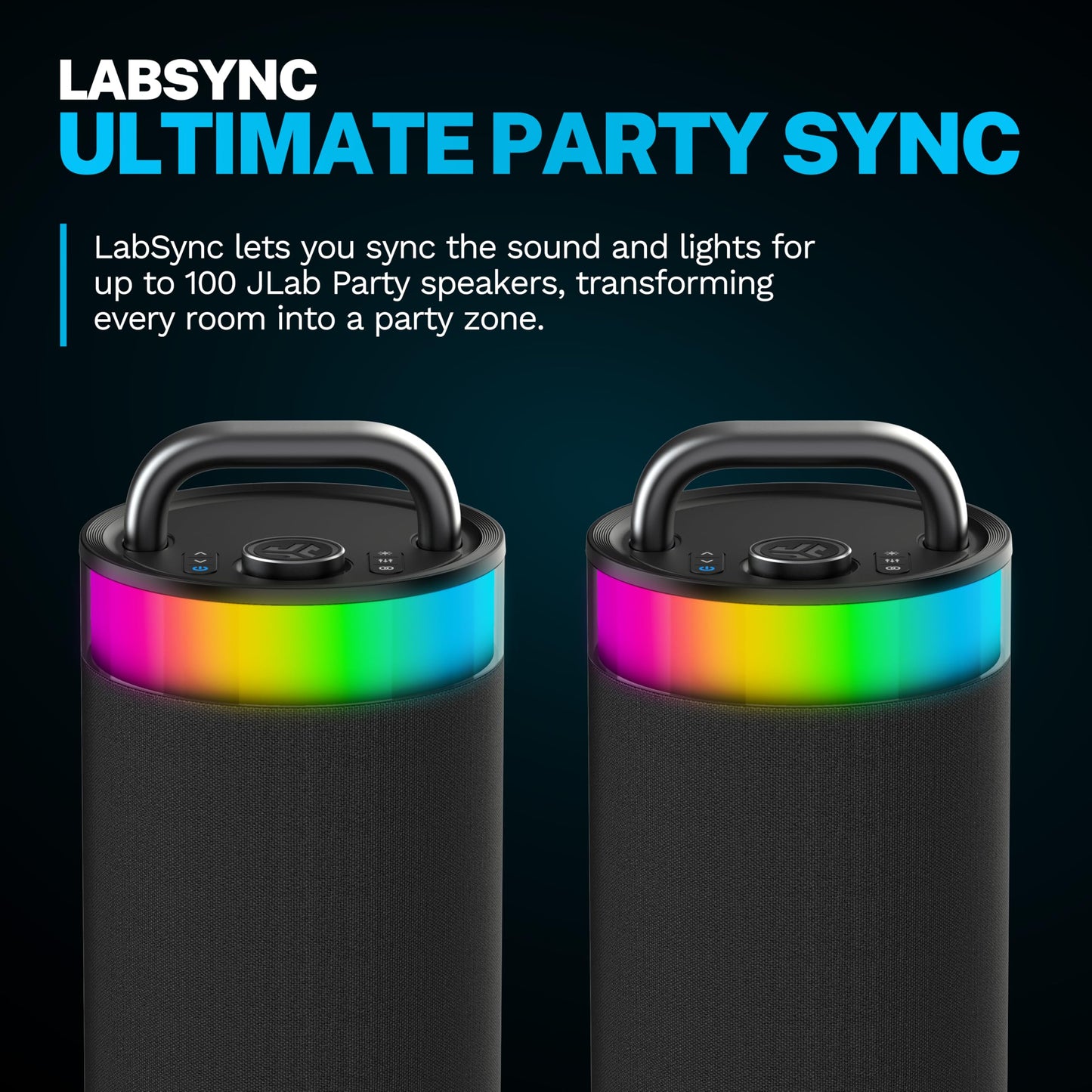 JLab Epic Party Portable Bluetooth Speaker, Black, 360-degree Sound with 100 Watts of Power, 16+ Hours of Playtime, Customizable RGB LED Lighting, Lab