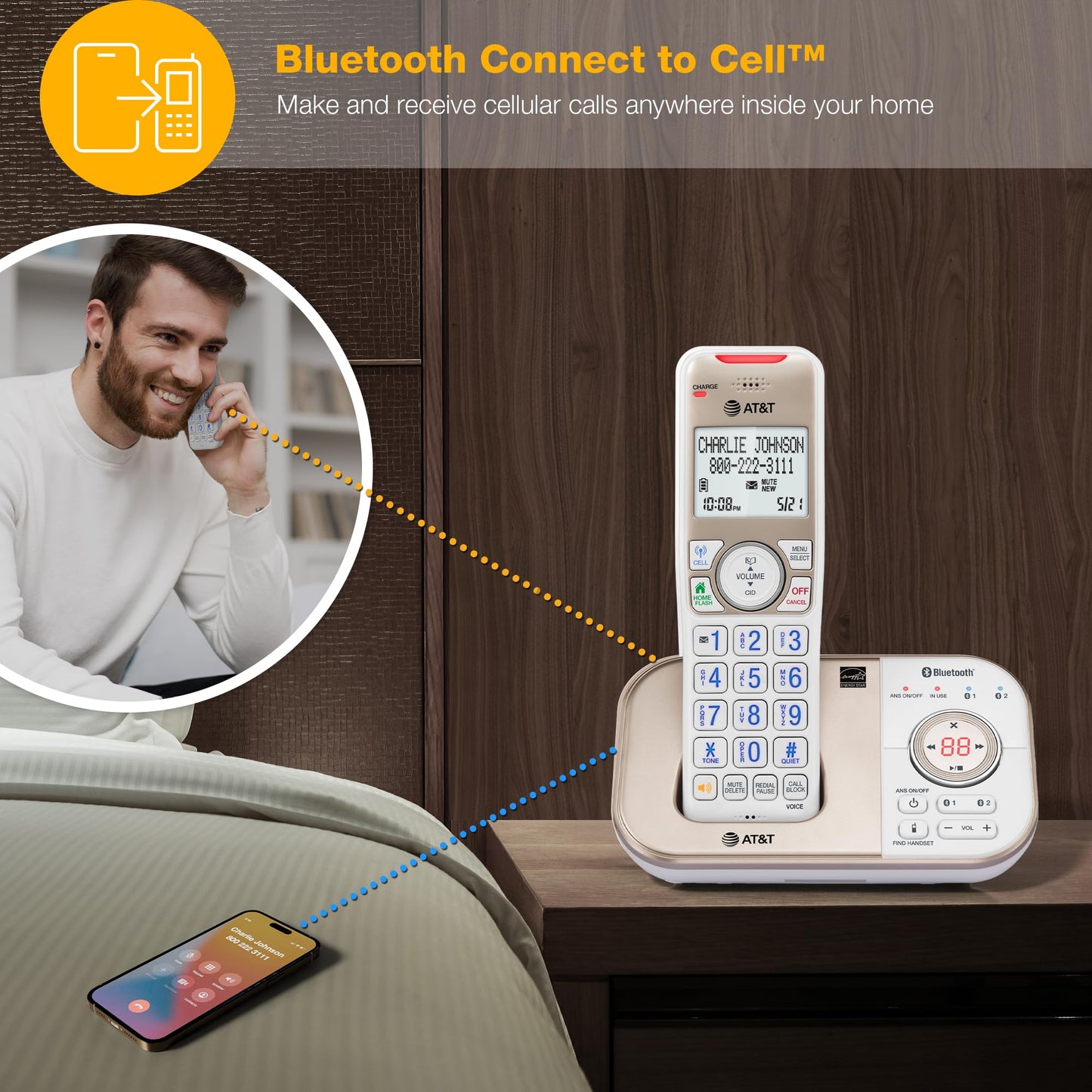 AT&T BL3112-4 Cordless Phone for Home - 4 Handsets, DECT 6.0, Bluetooth Cell Connect, Answering Machine, Smart Call Blocker, Caller ID, Intercom