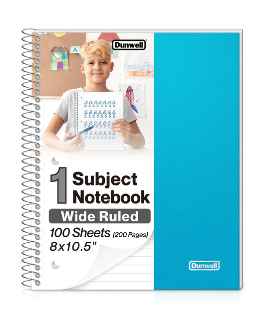 Dunwell 1 Subject Spiral Notebook, Blue Plastic Cover, 100 Sheets (200 Pages) 8x10.5 Paper, Wide Ruled Composition Notebooks with Poly Pocket