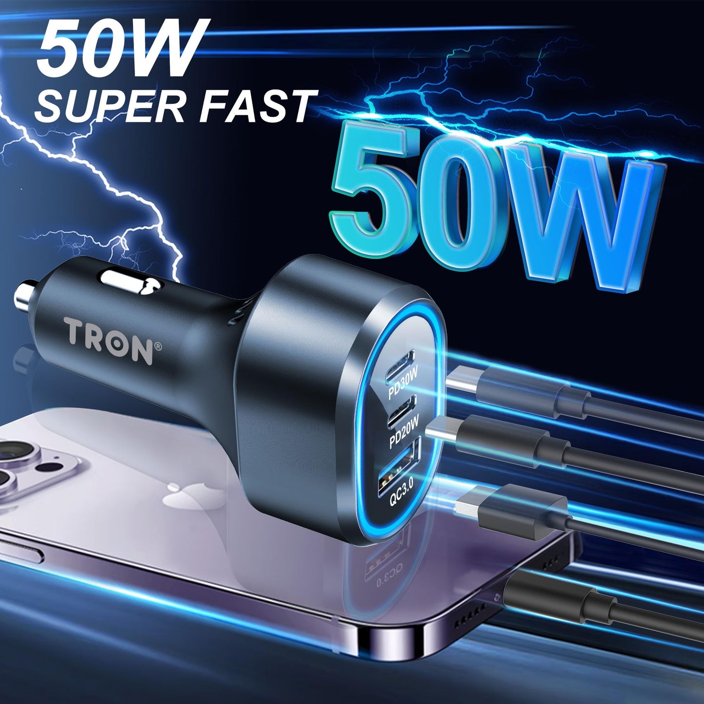 TRON PD 50W Car Charger, 3-Port USB-A + USB-C + USB-C with LED Light Car Power Adapter PD/QC Fast Charging Cigarette Lighter for iPhone, iPad