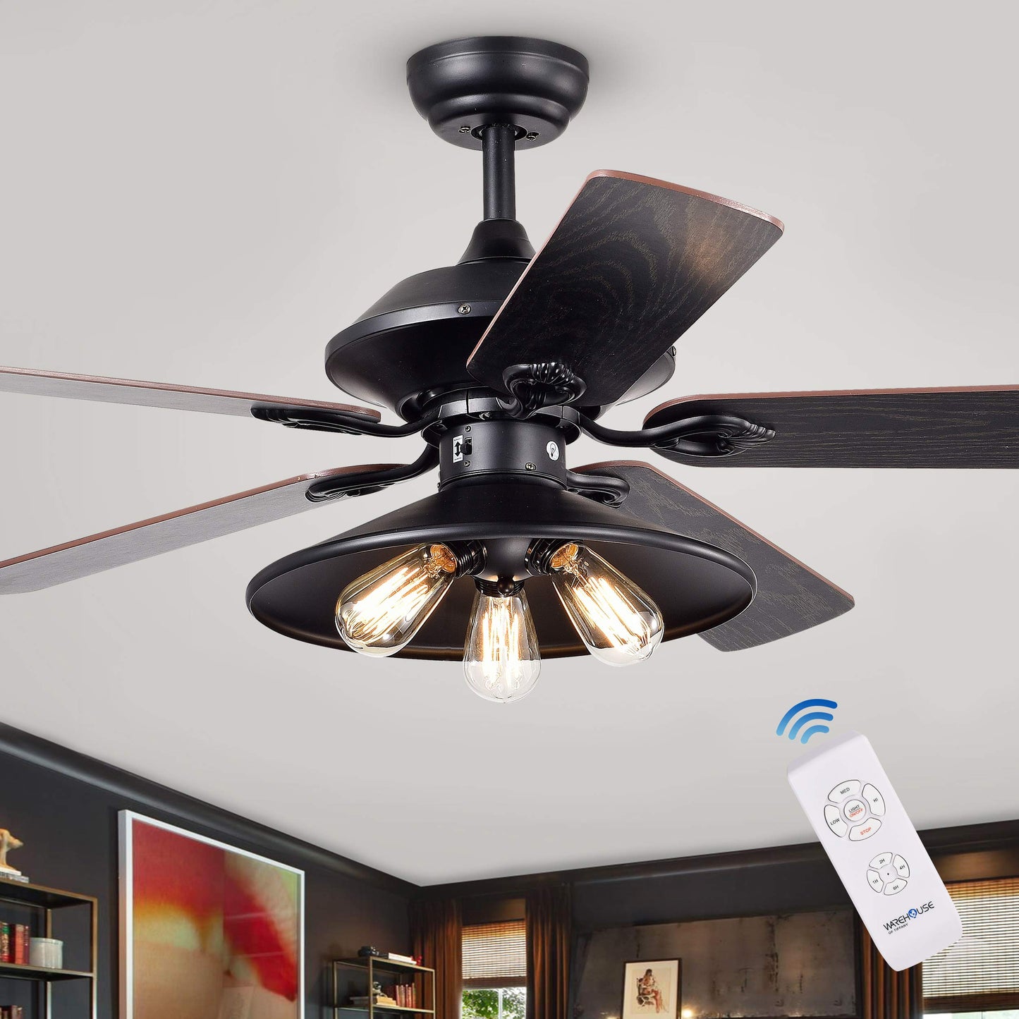Warehouse of Tiffany CFL-8308REMO/BL Upille 3-Light Metal 5-Blade 52-inch Matte Black (Optional Remote Available) Ceiling Fan