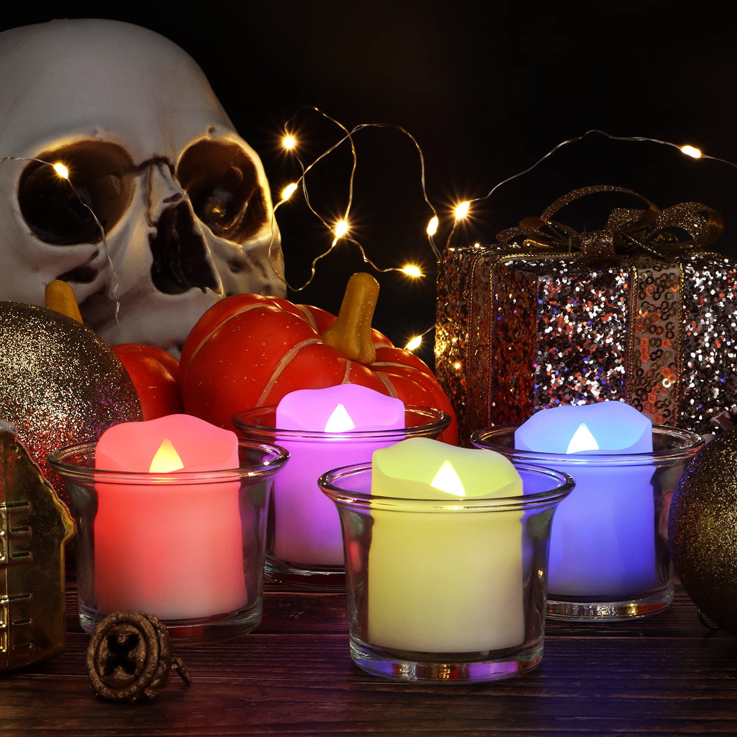 Daord Rechargeable LED Color Changing Tea Lights USB Flameless Warm White Flickering Votive Candles with Remote for Halloween Christmas Romantic Home