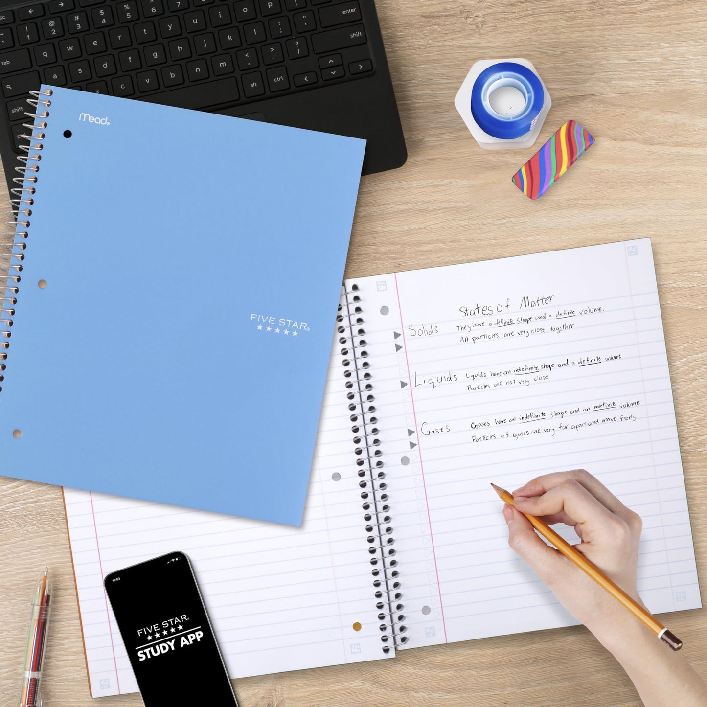 Five Star Spiral Notebook + Study App, 3 Subject, Wide Ruled Paper, 8" x 10-1/2", 150 Sheets, Fights Ink Bleed, Water Resistant Cover, Tidewater Blue