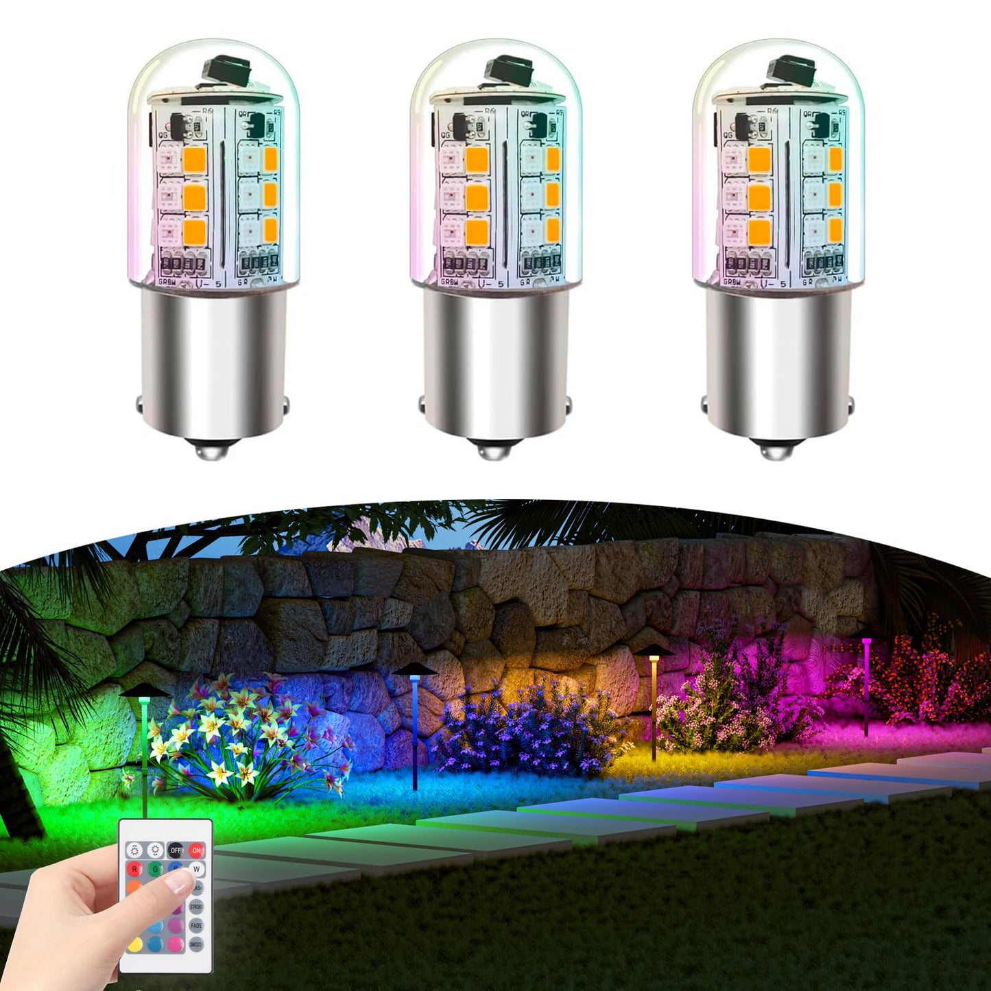 Makergroup RGB BA15S LED Bulbs 12V Color Changing, 1141 1156 S8 SC Bayonet Single Contact Base, Warm White+15 Multi-Colors and Dimmable, Weatherproof