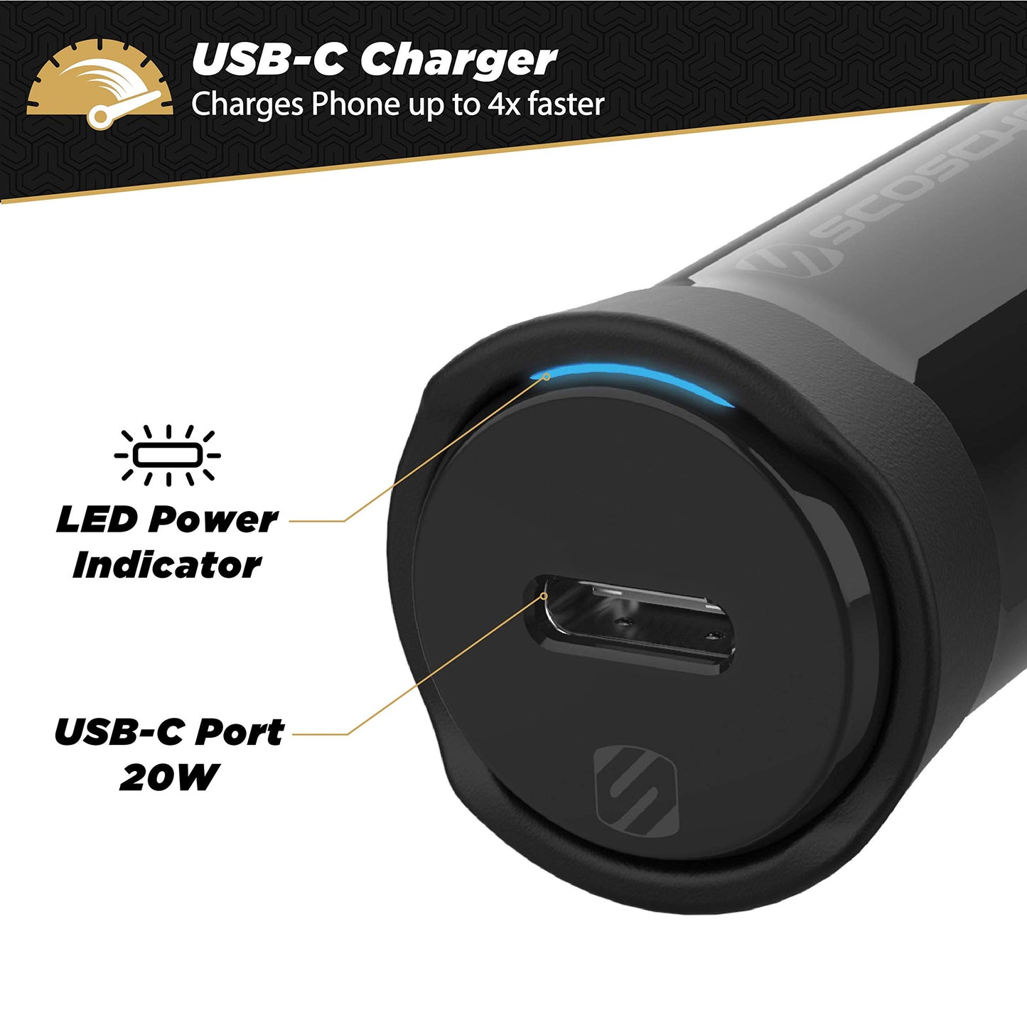 Scosche CPDC20 PowerVolt 20-Watt Certified USB Type-C Fast Car Charger with Power Delivery 3.0 for All USB-C Devices