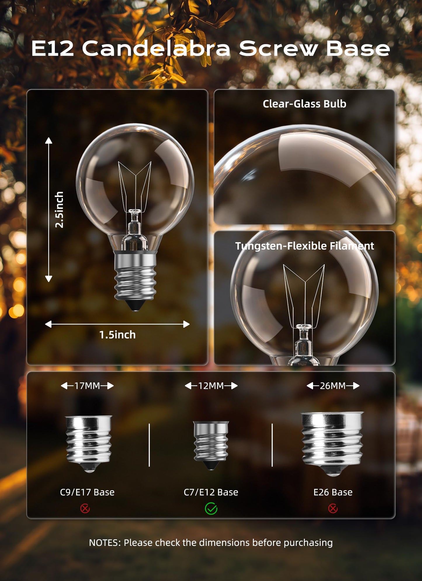 Brightown G40 Replacement Light Bulbs, Clear Globe Incandescent Bulbs Replacement for Outdoor String Light, E12 Candelabra Base, Round Bulbs for Patio