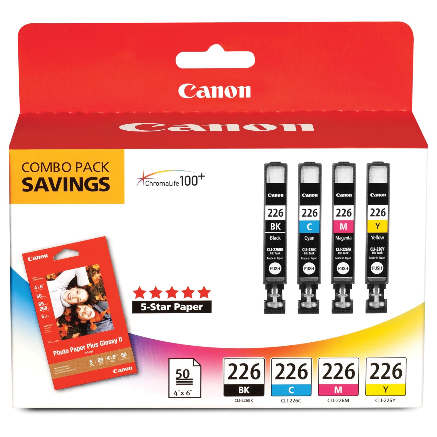 Canon CLI-226 Genuine Color Pack with 50 Photo Paper Sheets, Compatible with iP4820, MG5220, MG5120, MG6120, MG8120, MX882, iX6520, iP4920, MG5320