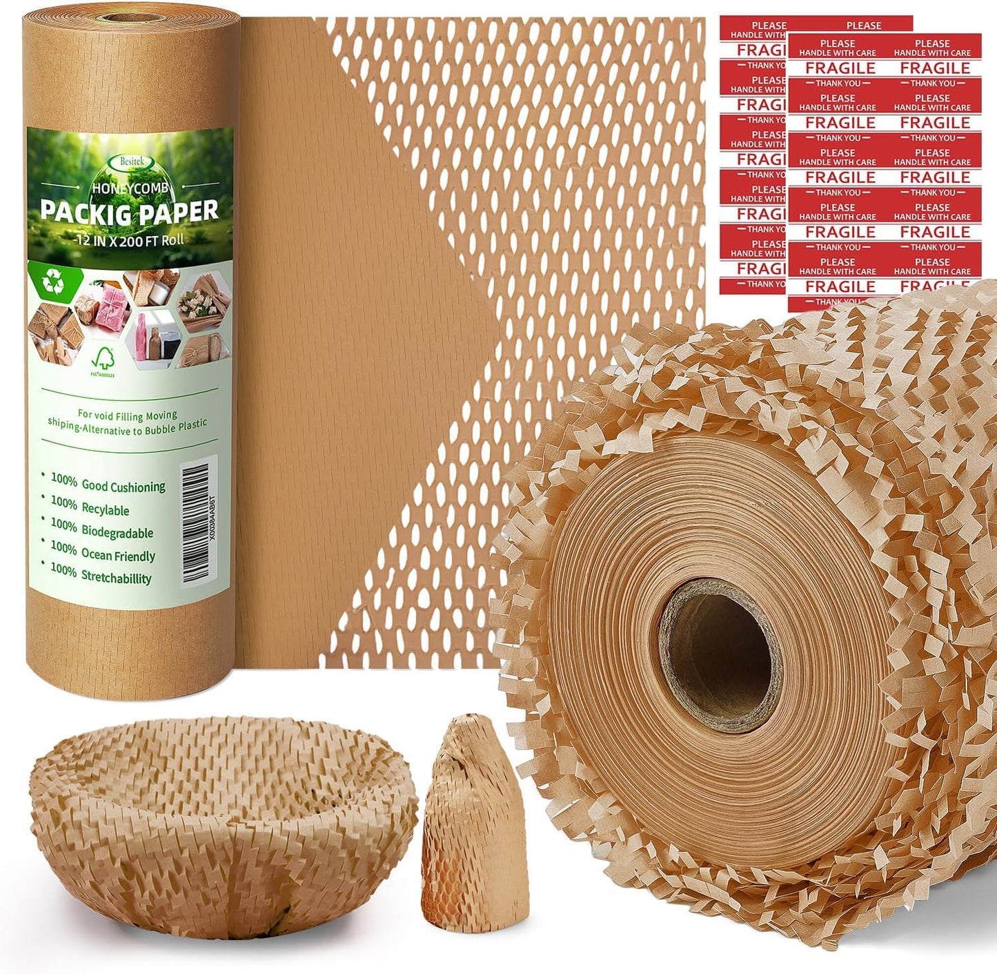 Honeycomb Packing Paper,12 inch x 200 ft Bubble Cushioning Wrap for Packing Moving,Products Gifts Wrapping Paper,Recyclable and Biodegradable Shipping