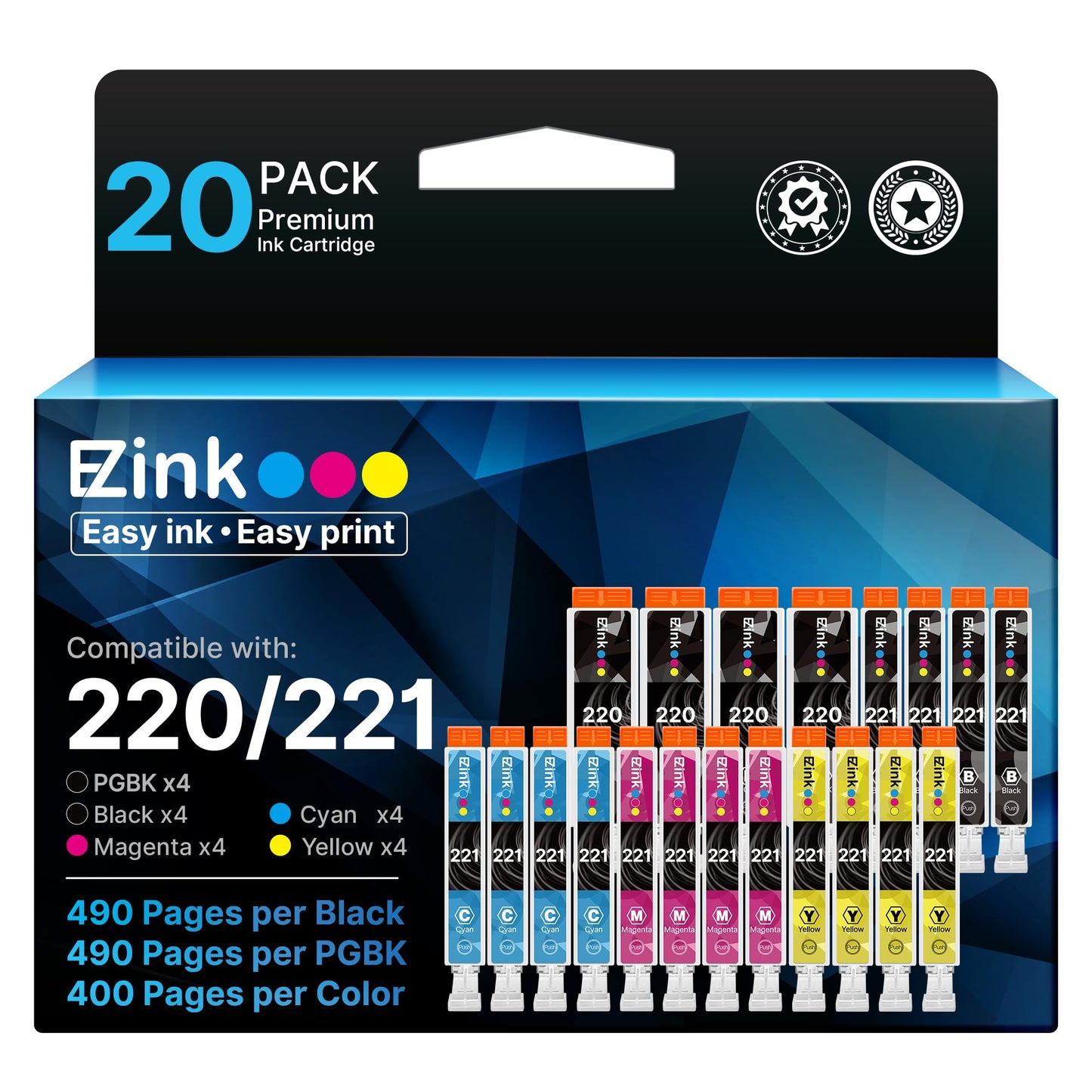 E-Z Ink Compatible Ink Cartridge Replacement for Canon PGI220 PGI-220 CLI221 CLI-221 to use with MX870 MX860 MP620 MP560 MP980 (4 Large Black, 4 Cyan